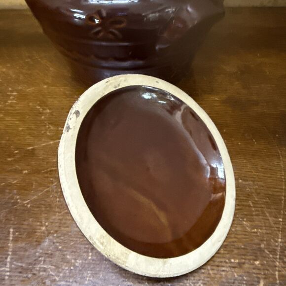 Marcrest Stoneware Bean Pot Crock Lid DAISY DOT Ovenproof Brown Vintage Antique - Picture 7 of 7